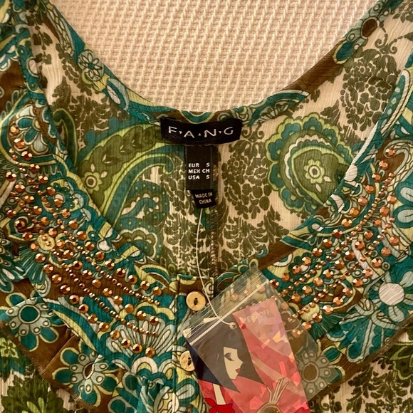FANG Boho Green and Brown Paisley Tank Top- NWT - Size S - Picture 3 of 4